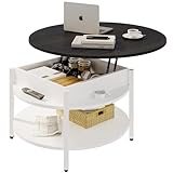 FABATO Round Lift Top Coffee Table for Living Room, 35.43'' Round Coffee Table with Storage and Hidden Compartment, 2 Tier Large Farmhouse Coffee Table Round Dining Table, White