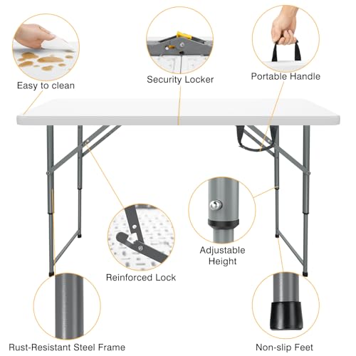 SKOK 330lbs Folding Picnic Table 4/6/8 Foot Adjustable Height, 4/6/8FT Plastic Table Portable w/Handle, Utility Commercial Craft Sewing Card Table w/Heavy Duty Frame for Party Events - Thumbnail 5