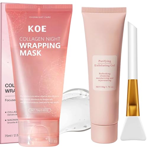 Collagen Night Wrapping Mask - Collagen Overnight Peel Off Face Masks & Purifying Exfoliating Gel - Reduces Sag & Dull, Hydrolyzed Korean Face Mask For Elasticity Care & Glowing Skin