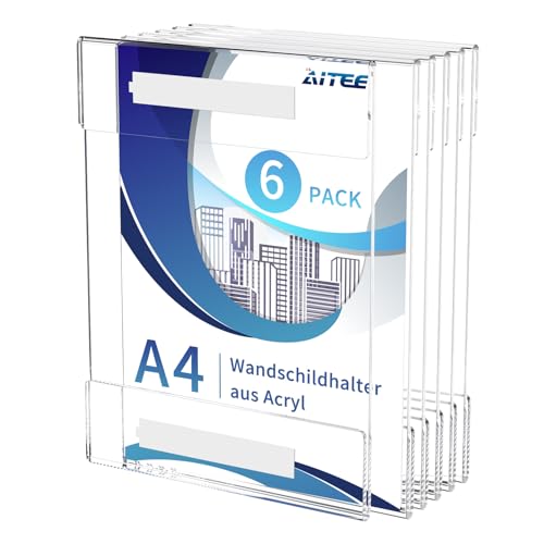 AITEE Lot de 6 supports muraux A4 en acrylique transparent avec bandes adhésives 3M, sans perçage, autocollant pour fixation murale pour bureau, maison, magasin, restaurant