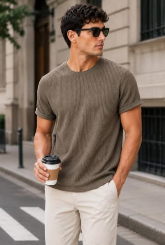 Image of London Hills Men's Waffle Textured T-Shirt | Solid Regular Fit Round Neck Half Sleeve Casual Wear Tee | Soft, Breathable & Lightweight Fabric