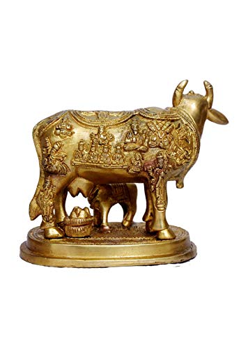 Image of Brass Kamdhenu Cow and Calf Nandi Pooja Figurine Sculpture, Product Dimensions - 6.5 x 3.2 x 5.5In, 2.2Kg