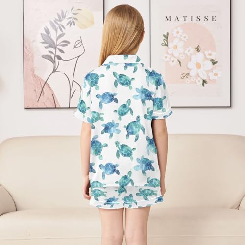 Watercolor Sea Turtle White Prints Summer Satin Pajama Set, Cute Button-Down Sleepwear Pj Set for Sleep Wears4