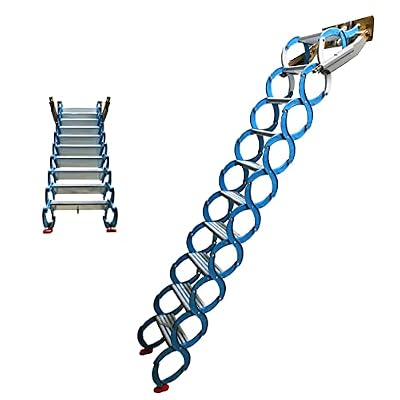 INTSUPERMAI Attic Loft Stairs Folding Loft Ladder Stairs Wall Mounted Type Attic Stairs Pull Down with Aluminum Alloy Structure 10+2 Steps for Home Refit Narrow Wall 10ft Height No Handrail Blue
