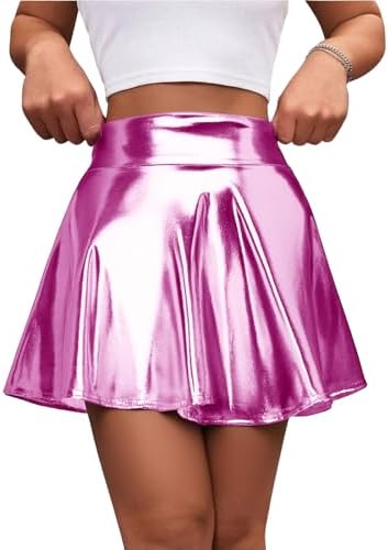 Women Shiny Metallic Ballet Dance Skirt Pleat Mini Skirts Scooter Skater Cheerlead Skirt High Waist Athletic Skort Pink S