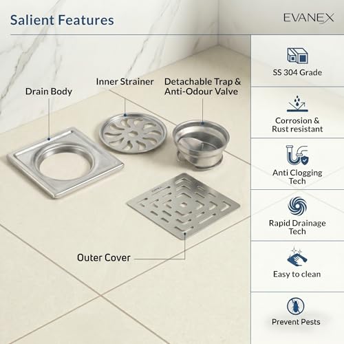 Image of EVANEX Square Bathroom Drainer | Shower Drainer Channel | 6x6 Inch Floor Drain | 304 Stainless Steel Bathroom Jali |Waste Water Floor Drain with Cockroach Trap | Silver| Bathroom Accessories Set