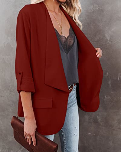 Womens Casual Blazer Jackets Roll Up Long Sleeve Open Front Work Office Business Blazers with Pockets Red3