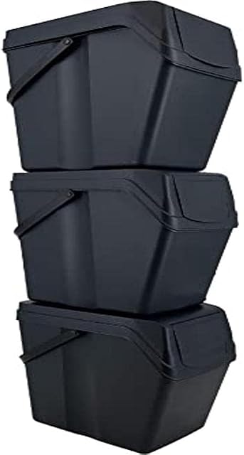 Prosperplast Set of 3 Trash/Recycling Bins with 75-Litre Total Capacity, Anthracite with Handles