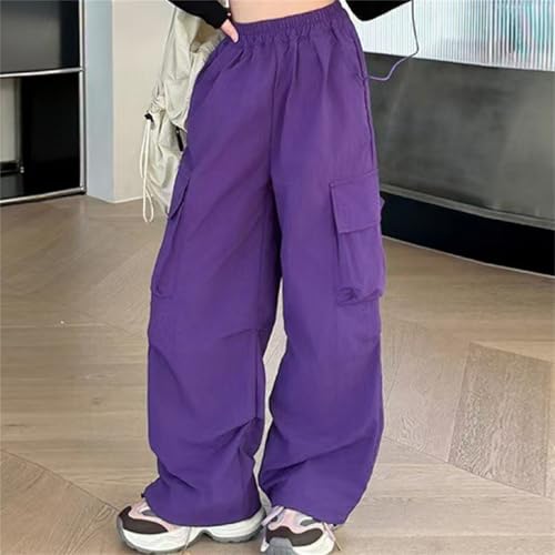 Moonker Girls Solid Color Cargo Pants Wide Leg Elastic High Waisted Straight Casual Joggers Baggy Cool Woolen2