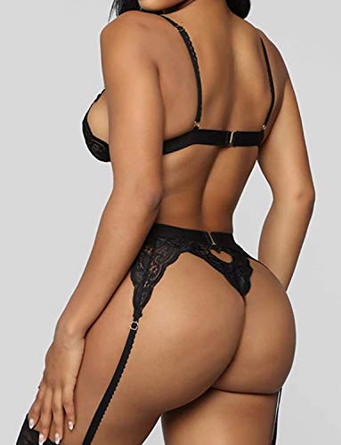 JFAN-Lenceria-para-Mujer-Push-Up-Ropa-Interior-Babydoll-con-Tanga-Ligas-y-Ligueros