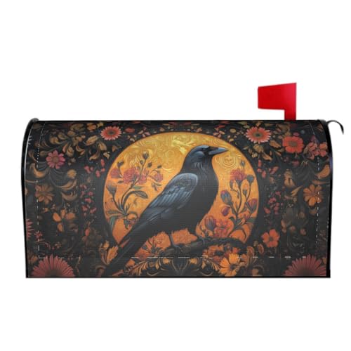 Image of Vintage Crow Magnetic Mailbox Cover Gothic Black Raven Boho Flowers Waterproof Mailbox Wrap Post Cover Large Size 25.5x21 Inch for Garden Yard Outdoor Outside Holiday Decor