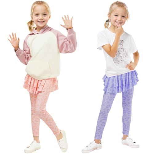 Gogokids 2 Pack Girls Leggings with Skirt, Kids Elastic Ruffle Skirt Pants, Girls Dance Workout Running Pants for 3-11 Years2