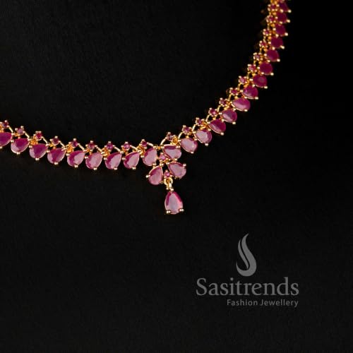 Image of Sasitrends Micro Gold Plated American Diamond Ruby stone Studded Jewellery Set