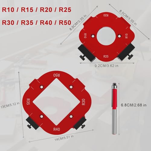 Frässchablonen für Oberfräse Set, 2 Stück Router Jig Radius Schablone für R10 bis R50 Eckenradius, Aluminiumlegierung Ecke Radius Schablone für Oberfräse, Präzises Routing Vorlagen Zubehör Mit Fräser