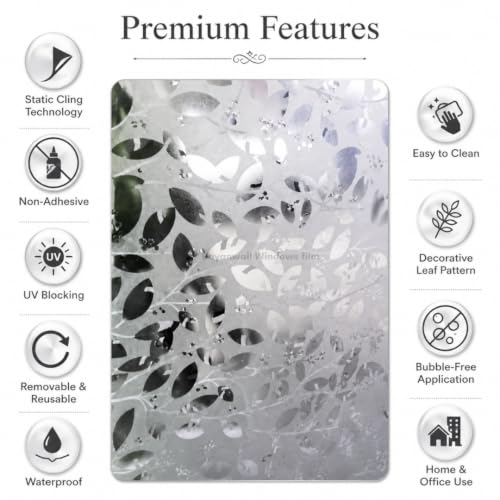 Image of Self Adhesive Window Privacy Film for Glass Windows & Doors | UV Blocking, Heat & Glare Reduction | Decorative Frosted Glass Film Easy to Apply (Frosted Silver Leaf Design, 12X26 Inch)