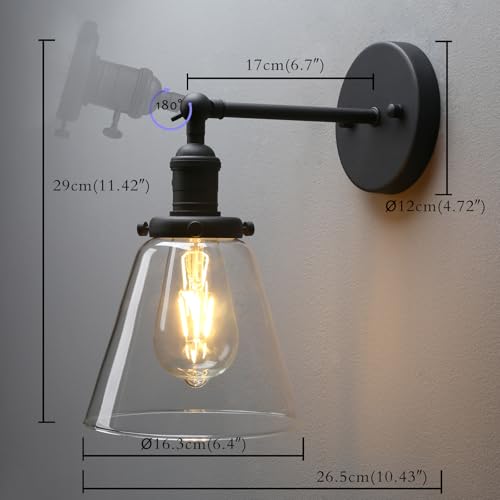 Image of PERMO Industrial Black Wall Sconce with On /Off Switch and Funnel Flared Clear Glass Shade for Living Room Bathroom Bedroom