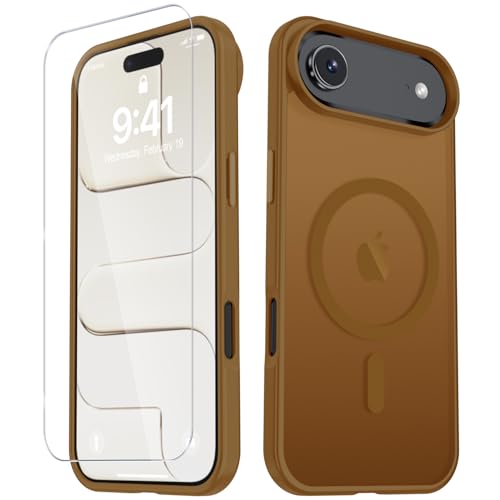 Image of YENAPOON for iPhone Air Case, Matte Magnetic Phone Cover [with 1 Screen Protector] [Support for MagSafe] [Shockproof Military Grade Protection] Translucent Frosted Back, Brown