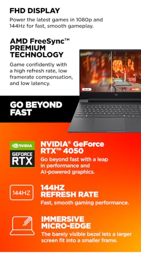 Image of HP Victus 15.6 inch Gaming Laptop, AMD Ryzen 7 7445HS CPU, NVIDIA GeForce RTX 4050 6GB GPU, FHD 144Hz IPS, 16GB DDR5 RAM, 512GB SSD, HDMI, USB-C, RJ-45, Wi-Fi 6, Backlit Keyboard, Windows 11, Mica Silver