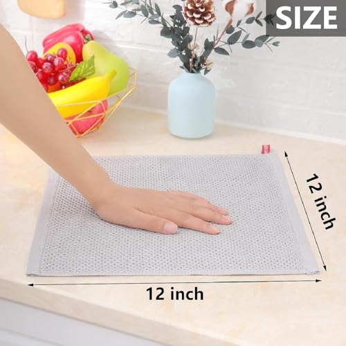 Image of Kitchen Cotton Lint Free Waffle Weave Hand Towels, Quick Drying Dish Cloths, Highly Absorbent Dish Rags Tea Towels Set with Hanging Loop, 13.4 inchx 13.4 inch, Light Grey, Pack of 6
