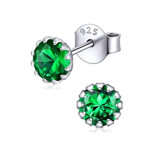 ChicSilver Round May Birthstone Stud Earrings for Women Small Gemstone Emerald Earrings Stud Hypoallergenic 925 Sterling Silver Cubic Zirconia Earrings for Sensitive Ear Birthday Jewelry