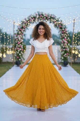Image of Women's Lycra Top with Georgette Skirt | Polka Dot Print Long Flared Maxi | Full Length Flowy Skirt for Women | Stylish Casual Wear