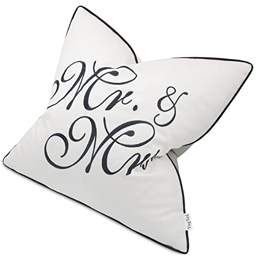 Yugtex Mr & Mrs Cotton Embroidered Decorative Square Accent Throw Pillow Cover - Wedding, Anniversary, Couple Gift - Bedroom Decor - 18X18 Inches, Offwhite #TOP2