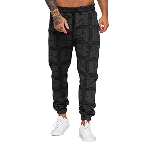 Men's Long Casual Sport Pants Plaid Drawstring Trousers Athletic Running Gym Jogger Sweatpants With Pocket Black #TOP18