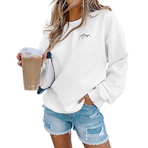 Mrs Sweatshirt White Crew Neck Long Sleeve Tops Lightweight Tunic Pullover with Side Pockets L