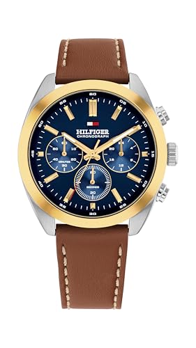 Tommy Hilfiger Men's Chronograph Quartz Watch – 40mm Stainless Steel Case, Leather Strap, Vintage-Inspired Design - Gift for Him