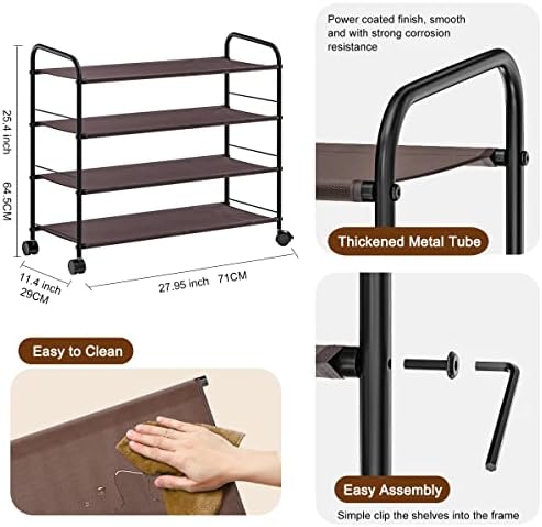 FANHAO 4-Tier Shoe Rack with Wheels, Rolling Shoe Organizer Adjustable Fabric Shoe Shelf Storage Organizer 16-20 Pair, Fits Boots, High Heels, Slippers and More (Bronze)
