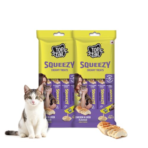 Image of Squeezy Creamy Treat for Cat | Chicken & Liver Flavour | 120 Grams, Combo Pack of 2 x 60g (12g x 10 Sachets) | Lickable Treats for Cats, Rich in Omega-3 & 6 Fatty Acids