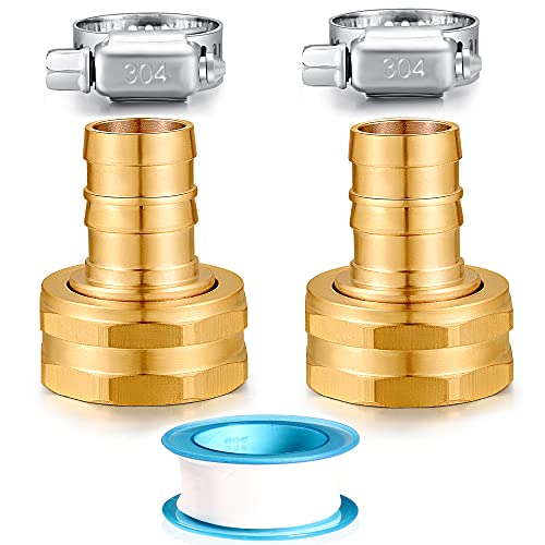 Image of Solid Brass Garden Hose Repair kit Connector with Stainless Steel Clamps, Male Adapter /Female Garden Hose Swivel Fitting (5 /8 inch Barb x 3 /4 inch Female -2 Sets)