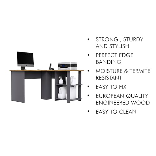 Image of Bniture Wooden Study Table for Home | Engineered Wood Study Table with Shelf Storage | L Shape Multi Purpose Computer Desk for Writing & Study | Laptop Table for Study Room | Slate Grey & Giant Wood