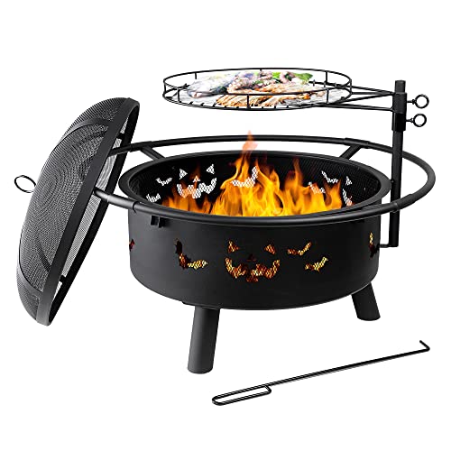 Fire Pits For Outside, Wood Fire Pits, Bonfire Pit, 30 Inch Round Cast Iron Fire Pit With Grill For Patio, Backyard With Spark Screen, Fire Poker And Metal Grate, Pumpkin&Bat Cutout Pattern #TOP1