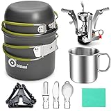 ♨【Camping Geschirr Set 】 1 X Campingtöpfe + 1 X Pfannen + 1X Gaskocher + 1 X klappbare Becher + 1 X klappbare Bestecke ,1 X Aufbewahrungsnetzbeutel.