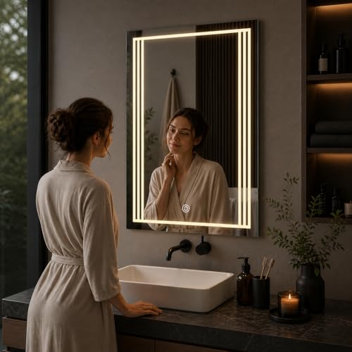 Image of LED Bathroom Wall Mirror with 3 Decorative Lights | Touch Sensor | Warm | Natural and Cool White | for Wash Basin | Bedroom | Dressing Area (Portrait, 18x24)