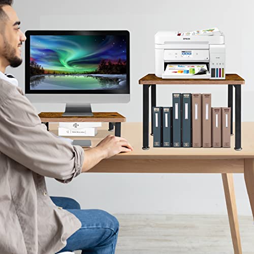 Desktop Printer Stand With Monitor Stand Set Of 2, Desktop Stand For Printer, Printer Shelf With Monitor Stands For Space Organizer As Storage Shelf, Book Shelf, Double Tier Tray With Hardware(Brown) #TOP2