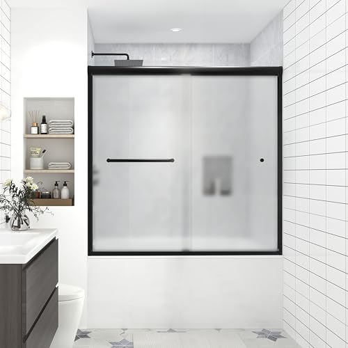 FELYL 56-60" Semi-Frameless Bypass Shower Door, Matte Black