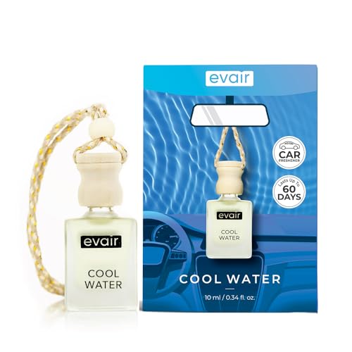 Image of Evair Cool Water Car Air Freshener, Car Aroma with Essential Oils, Hanging Perfume for Car in Glass Bottle with Wooden Diffuser Lid (10ml, Pack -1)