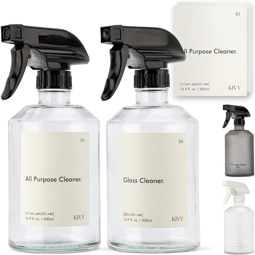 KIVY Glass Spray Bottles for Cleaning + Labels - 2x 16oz Empty Spray Bottles for Cleaning & Plants - Reusable Glass cleaning bottles - Cleaner spray bottle - 16 oz Glass spray bottle for plants