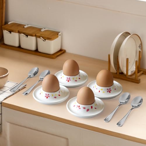 Image of Cinf Ceramic Sakura Egg Holder Set of 4 Porcelain Holder With 4Stainless Steels Egg Spoons Breakfast Boiled Cooking Easy to Clean Childhood Memories Kitchen