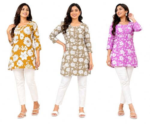 Image of Women Floral Printed Short Kurti Combo Pack of 3 | Stylish Casual Wear Kurtis for Daily & Office Wear Pink