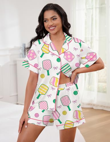 Image of SHESHOW Pajamas for Women Set Satin Button Down Short Sleeve Top and Shorts Pjs Sets Sport Ball Print Sleepwear XS-XXL