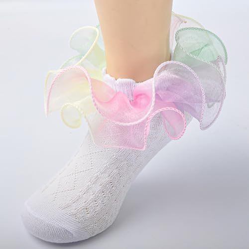 6 Pairs Kid Girls' Eyelet Frilly Princess Socks Cute Double Layer Lace Ruffle Dress Socks Casual Lightweight Crew Ankle Socks2
