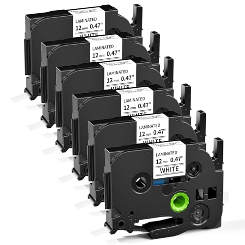 6-Pack P touch label tape 12mm 0.47 white TZ Compatible with Brother Label Maker Tape TZe-231 TZ-231, Work for Ptouch PT-D210 PT-H110 PT-D600 PT-D220 PT-D410,PT-D460BT, PT-1290, Black on White Tape 8m