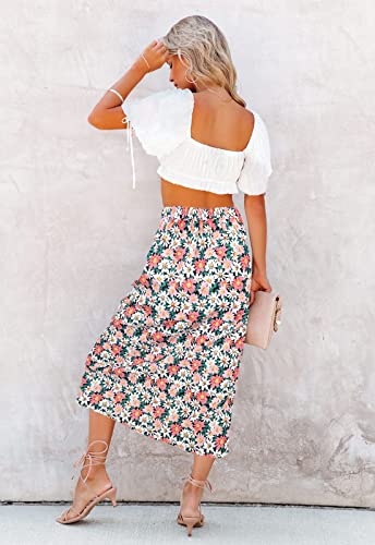 Image of HERBATOMIA Women's Floral Print Midi Skirt Casual High Elastic Waist Zipper Vintage Long Boho Skirts for Women