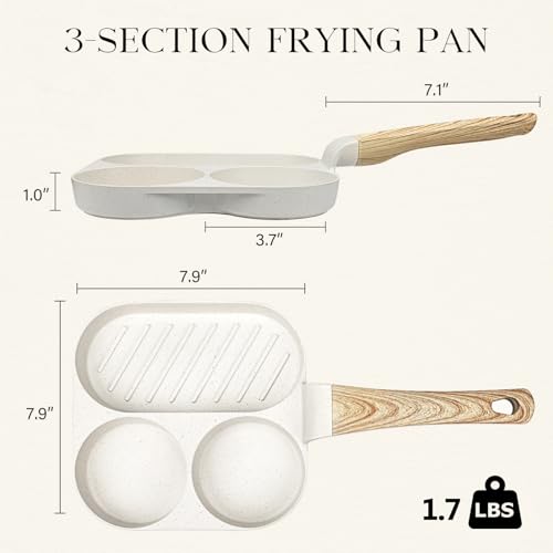 Image of GiPP Ceramic Non Stick Egg Pan, 3-In-1 Divided Breakfast Omelette Frying Pan, 7.9 inch with Heat-Resistant Handle, Compatible with All Stove Tops, PFOA /POFS /PTFE Free, White