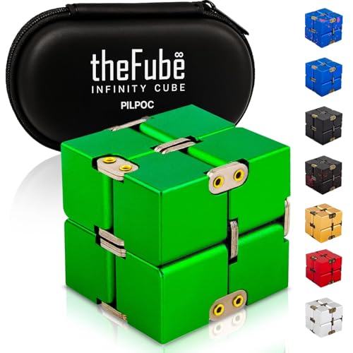 PILPOC theFube Infinity Cube Fidget Desk Toy - Aluminum Infinite Magic Cube with Case, Sturdy, Heavy, Relieve Stress and Anxiety, for ADD, ADHD, OCD (Green)