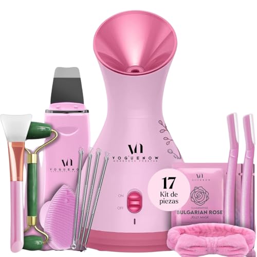 VogueNow Kit de spa de vapor facial con 8 herramientas de cuidado de la piel de cortesía | Vaporizador facial para limpieza facial profunda con calentador de toallas y modo humidificador (Rosa, 1)
