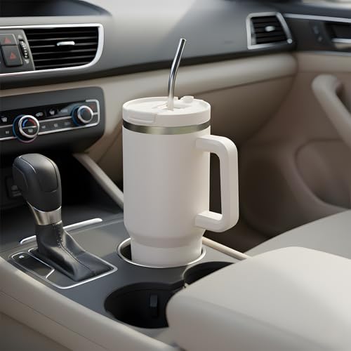 Image of SASEUM 40 oz Tumbler with Handle and Lid, Double Wall Stainless Steel Insulated Water Bottle with 2 Reusable Metal Straws, Leak-Proof BPA-Free Cup for Coffee, Iced Drinks and Travel - White